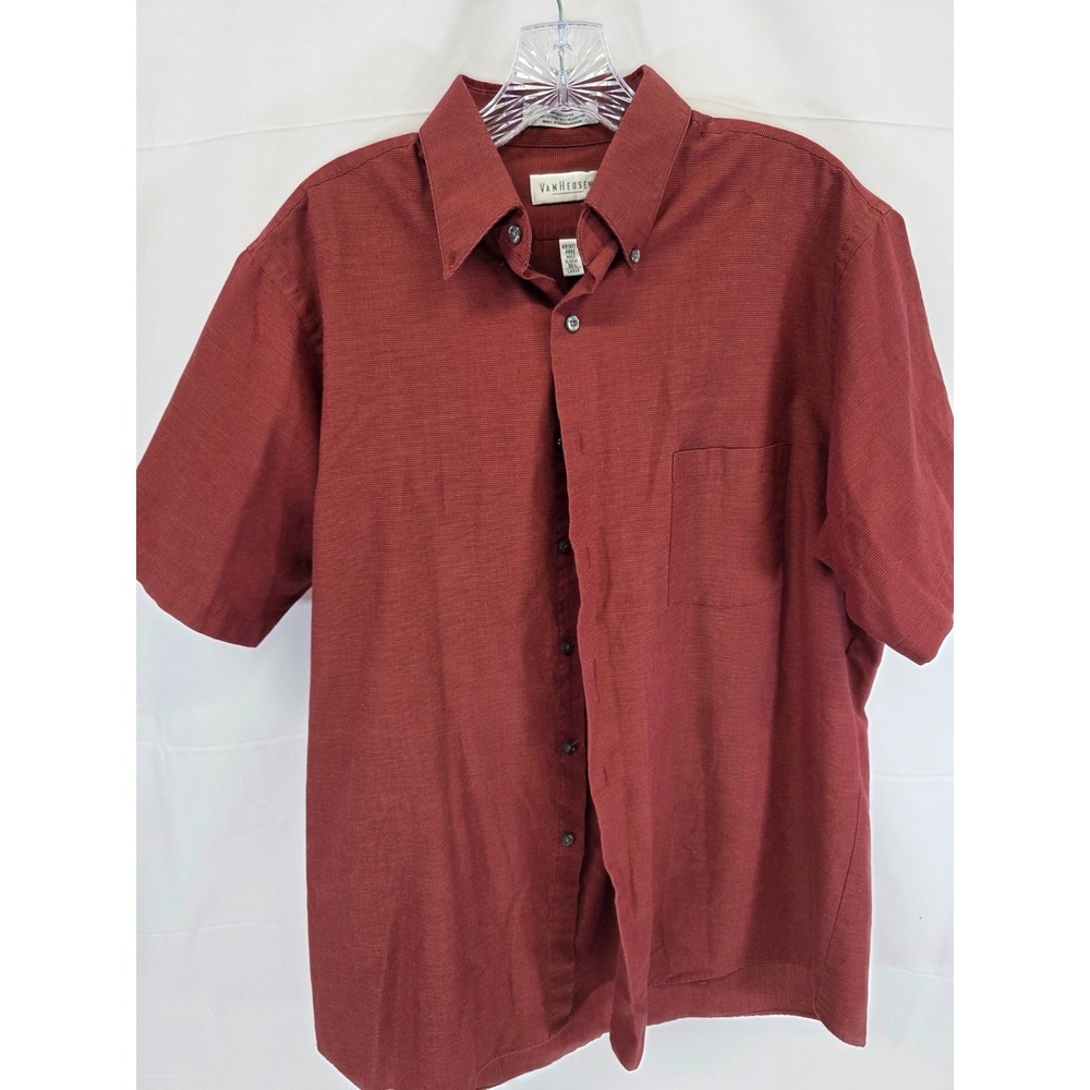 Van Heusen Mens Large Burgundy Red Wrinkle Free Short Sleeve Button Down‎ Shirt